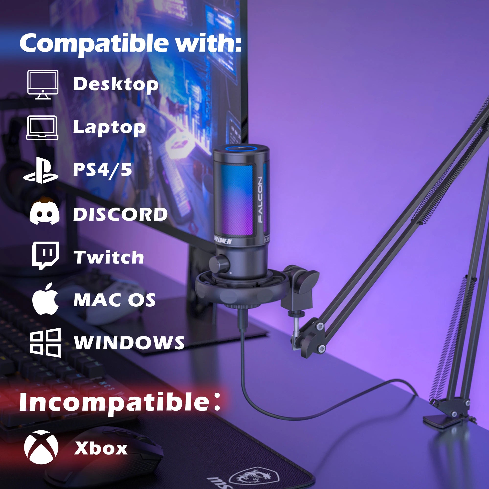 Talomen Falcon Stand | USB Gaming Microphone with Boom Arm